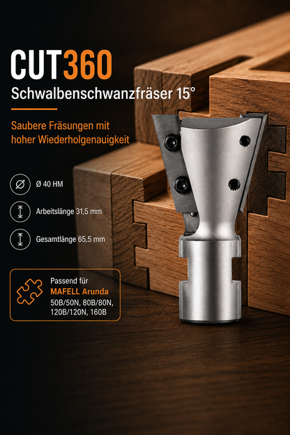 Zinkenfräser/Schwalbenschwanzfräser 15° für Arunda® System | Ø 40 HM, rechts | AL 31,5 mm, GL 65,5 mm | Schaft M12x1 | inkl. Wendemesser | Wendeplatte 901.315.09.00