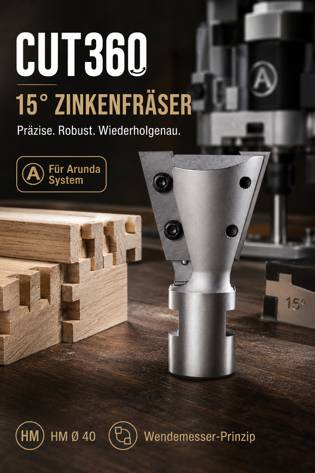 Zinkenfräser/Schwalbenschwanzfräser 15° für Arunda® System | Ø 40 HM, rechts | AL 31,5 mm, GL 65,5 mm | Schaft M12x1 | inkl. Wendemesser | Wendeplatte 901.315.09.00