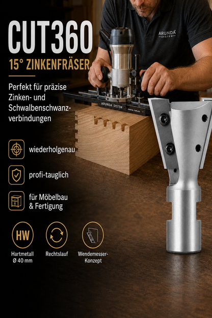 Zinkenfräser/Schwalbenschwanzfräser 15° für Arunda® System | Ø 40 HM, rechts | AL 31,5 mm, GL 65,5 mm | Schaft M12x1 | inkl. Wendemesser | Wendeplatte 901.315.09.00
