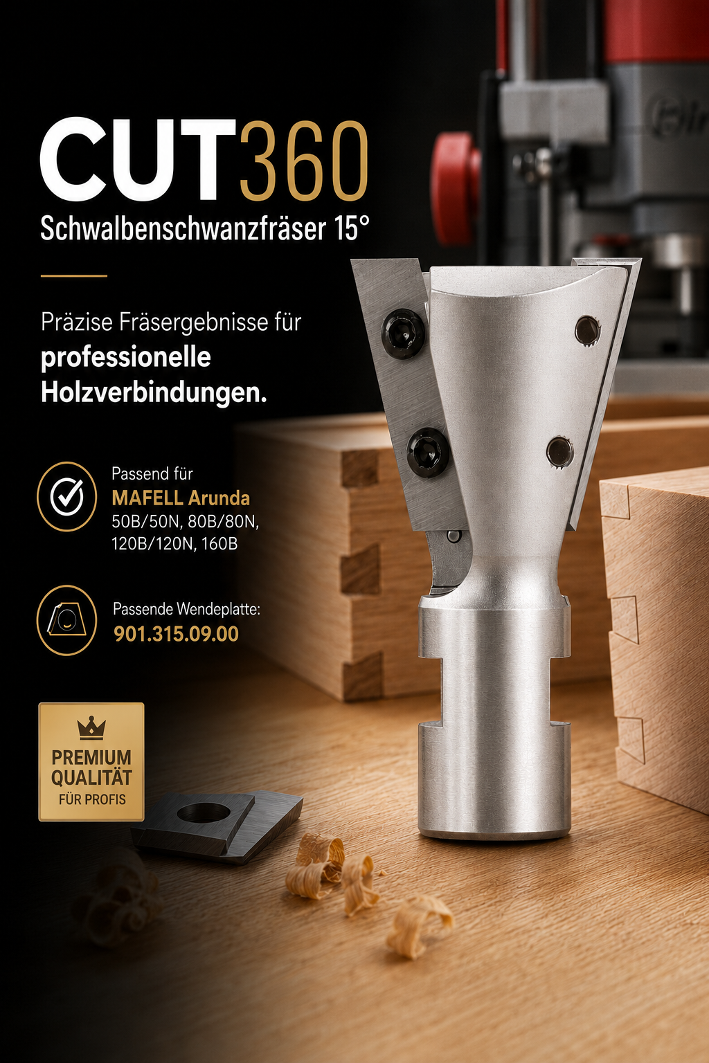Zinkenfräser/Schwalbenschwanzfräser 15° für Arunda® System | Ø 40 HM, rechts | AL 31,5 mm, GL 65,5 mm | Schaft M12x1 | inkl. Wendemesser | Wendeplatte 901.315.09.00