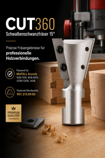 Zinkenfräser/Schwalbenschwanzfräser 15° für Arunda® System | Ø 40 HM, rechts | AL 31,5 mm, GL 65,5 mm | Schaft M12x1 | inkl. Wendemesser | Wendeplatte 901.315.09.00