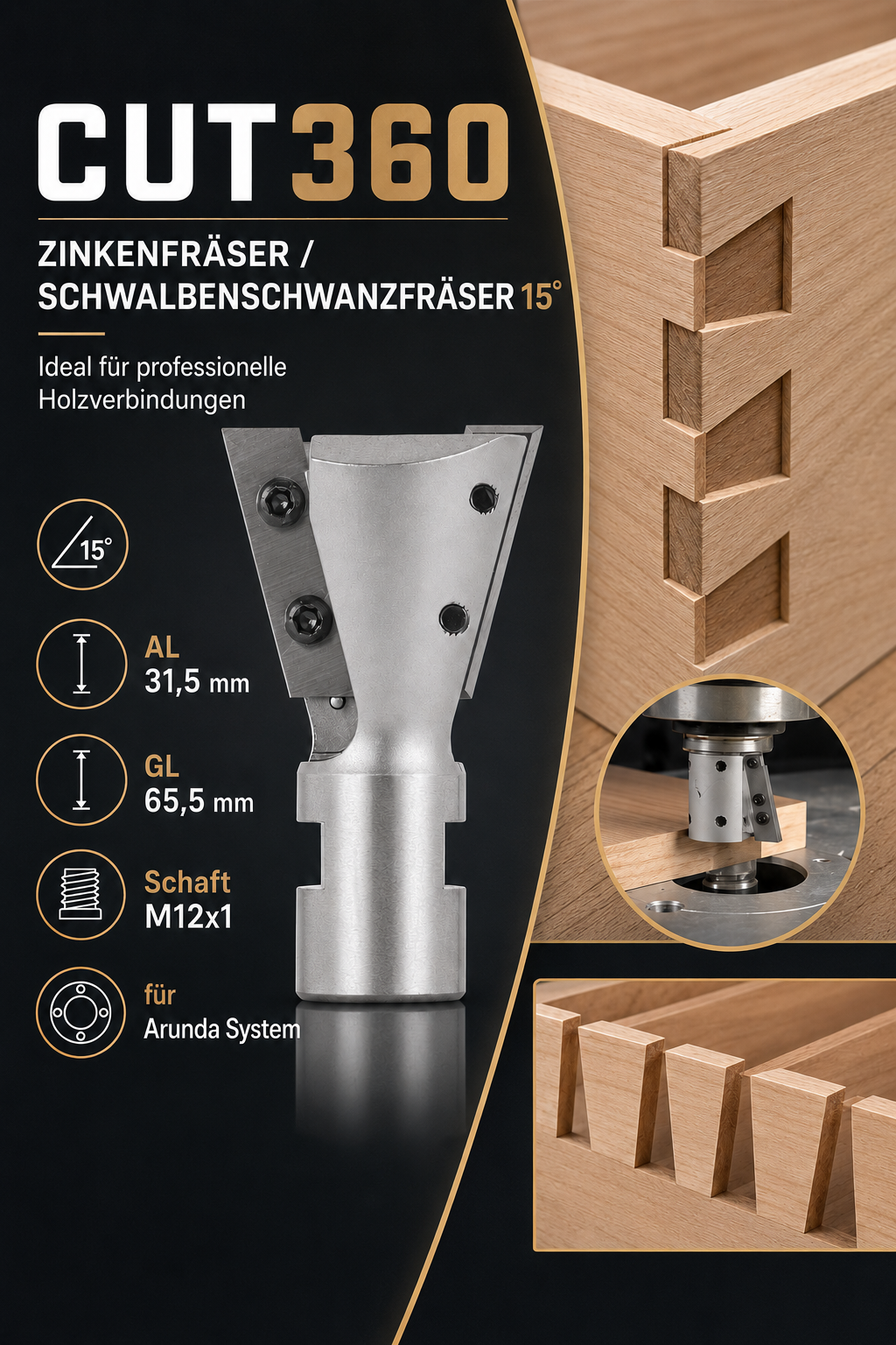 Zinkenfräser/Schwalbenschwanzfräser 15° für Arunda® System | Ø 40 HM, rechts | AL 31,5 mm, GL 65,5 mm | Schaft M12x1 | inkl. Wendemesser | Wendeplatte 901.315.09.00
