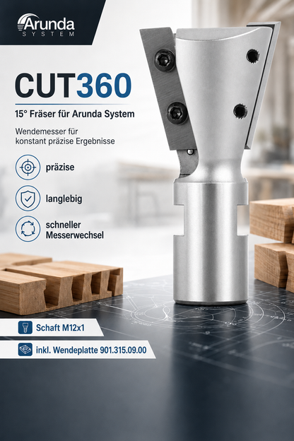 Zinkenfräser/Schwalbenschwanzfräser 15° für Arunda® System | Ø 40 HM, rechts | AL 31,5 mm, GL 65,5 mm | Schaft M12x1 | inkl. Wendemesser | Wendeplatte 901.315.09.00