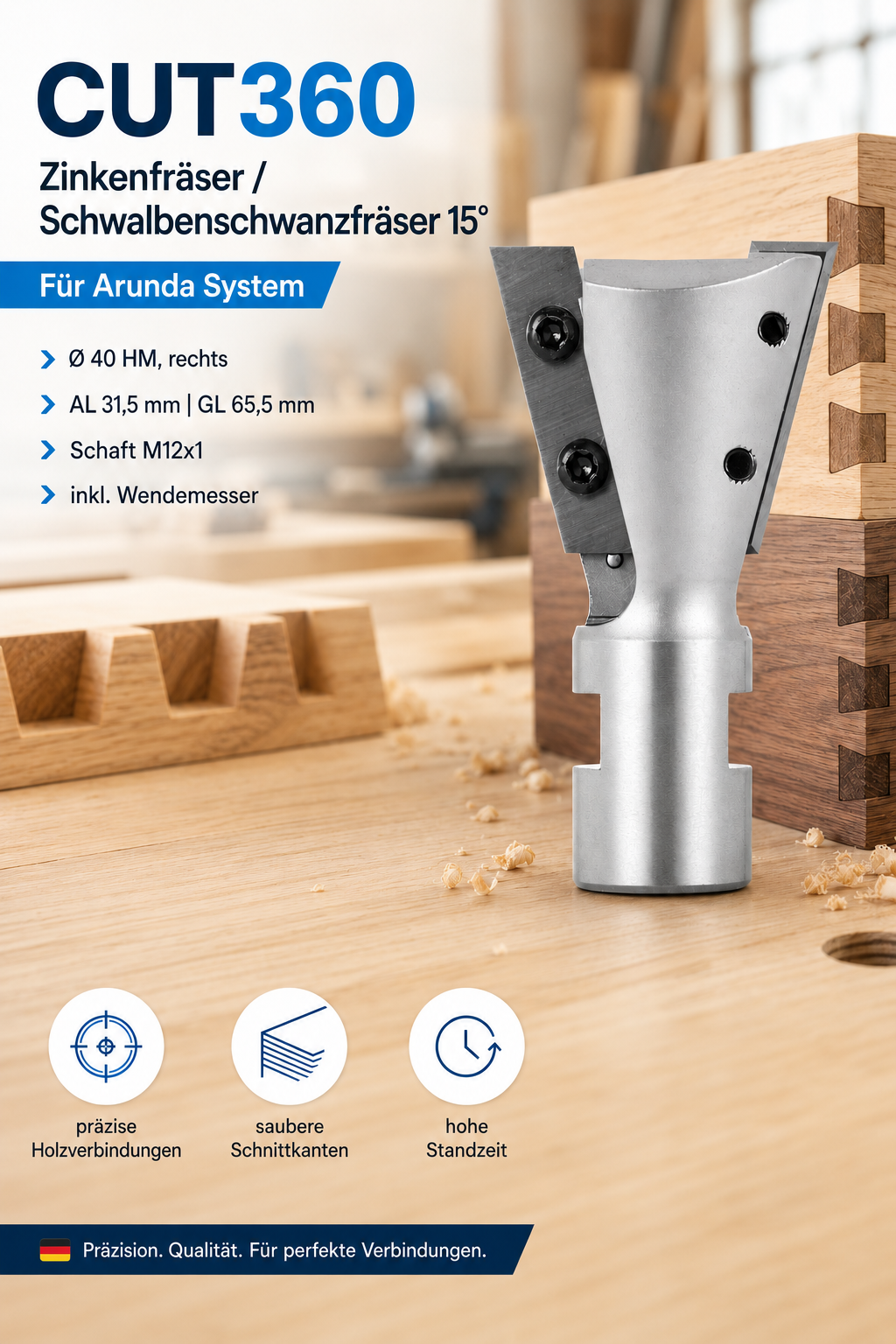 Zinkenfräser/Schwalbenschwanzfräser 15° für Arunda® System | Ø 40 HM, rechts | AL 31,5 mm, GL 65,5 mm | Schaft M12x1 | inkl. Wendemesser | Wendeplatte 901.315.09.00