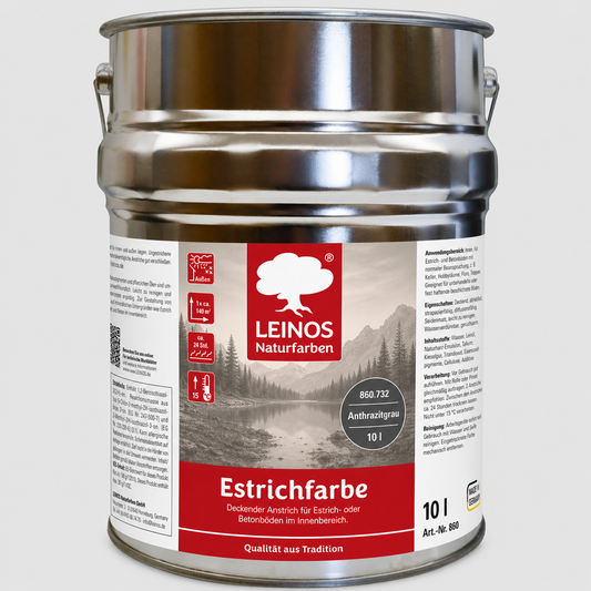 Leinos Naturfarben Estrichfarbe 860 |10,0 Liter | Anthrazitgraunn  | für innen | Schutz & Farbgebung für offenporige Estrich- & Betonflächen | abriebfest, wasserabweisend | Anthrazitgrau (10 Liter Anthrazitgrau)