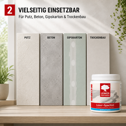 LEINOS Lasur-Spachtel 2,5L – transparente Spachtelmasse für kreative Wandgestaltung – für Innenräume – individuell einfärbbar mit Pigmenten – edle Lasurtechnik für Putz, Beton & Trockenbau