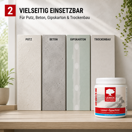 LEINOS Lasur-Spachtel 2,5L – transparente Spachtelmasse für kreative Wandgestaltung – für Innenräume – individuell einfärbbar mit Pigmenten – edle Lasurtechnik für Putz, Beton & Trockenbau