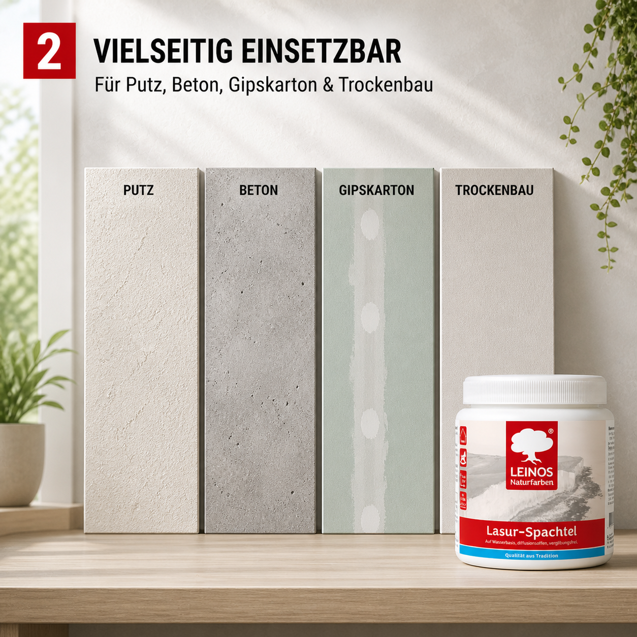 LEINOS Lasur-Spachtel 2,5L – transparente Spachtelmasse für kreative Wandgestaltung – für Innenräume – individuell einfärbbar mit Pigmenten – edle Lasurtechnik für Putz, Beton & Trockenbau