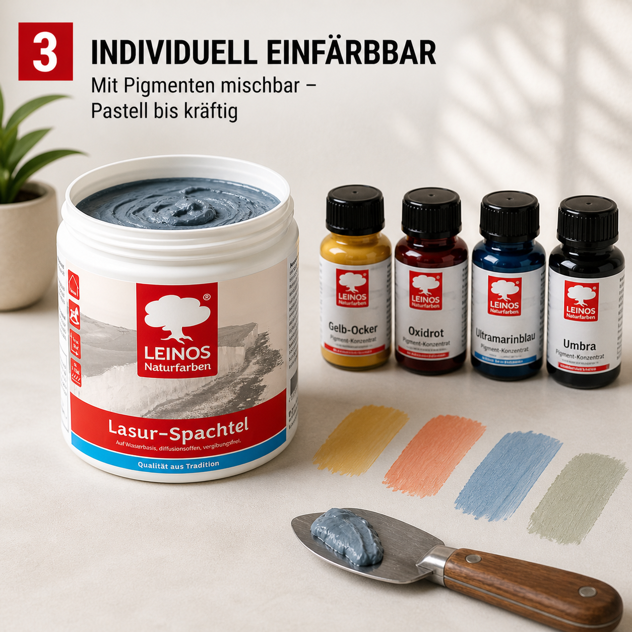LEINOS Lasur-Spachtel 2,5L – transparente Spachtelmasse für kreative Wandgestaltung – für Innenräume – individuell einfärbbar mit Pigmenten – edle Lasurtechnik für Putz, Beton & Trockenbau