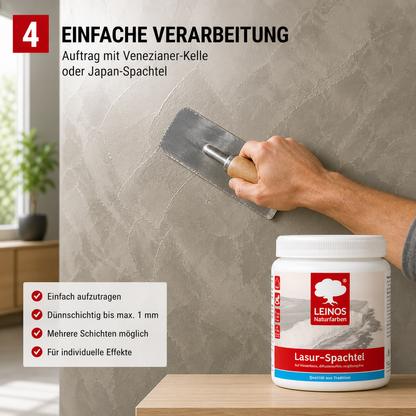 LEINOS Lasur-Spachtel 2,5L – transparente Spachtelmasse für kreative Wandgestaltung – für Innenräume – individuell einfärbbar mit Pigmenten – edle Lasurtechnik für Putz, Beton & Trockenbau