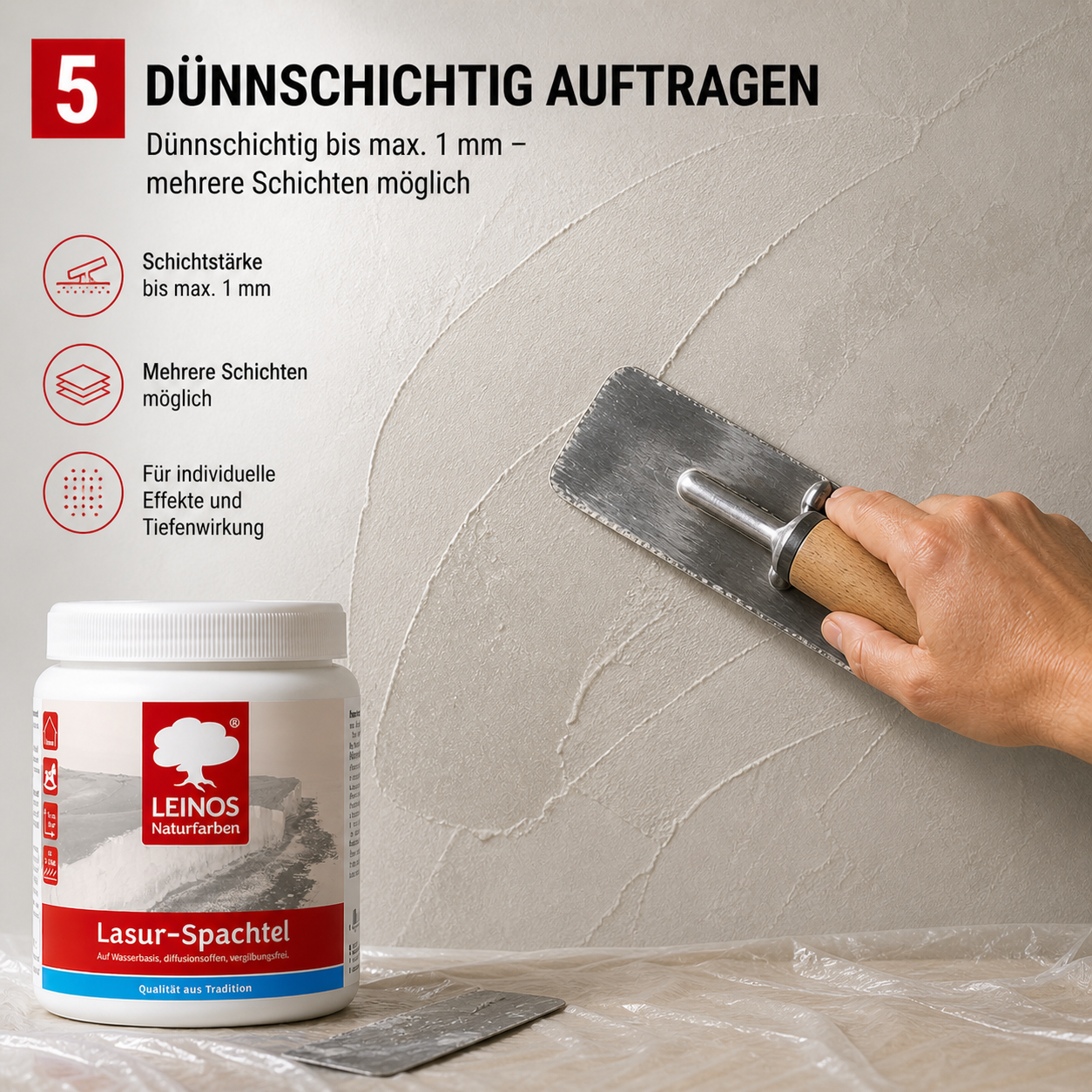 LEINOS Lasur-Spachtel 2,5L – transparente Spachtelmasse für kreative Wandgestaltung – für Innenräume – individuell einfärbbar mit Pigmenten – edle Lasurtechnik für Putz, Beton & Trockenbau