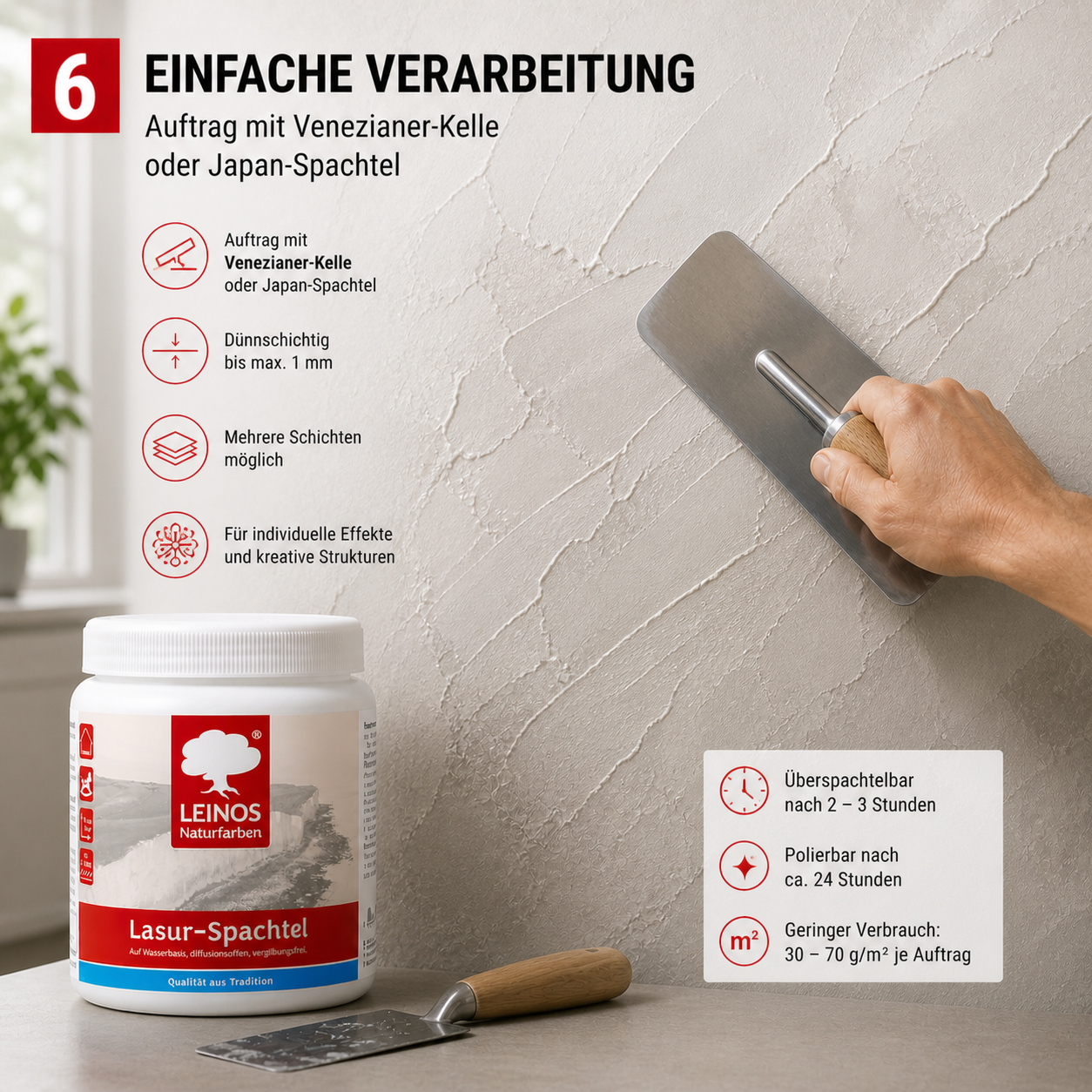 LEINOS Lasur-Spachtel 2,5L – transparente Spachtelmasse für kreative Wandgestaltung – für Innenräume – individuell einfärbbar mit Pigmenten – edle Lasurtechnik für Putz, Beton & Trockenbau