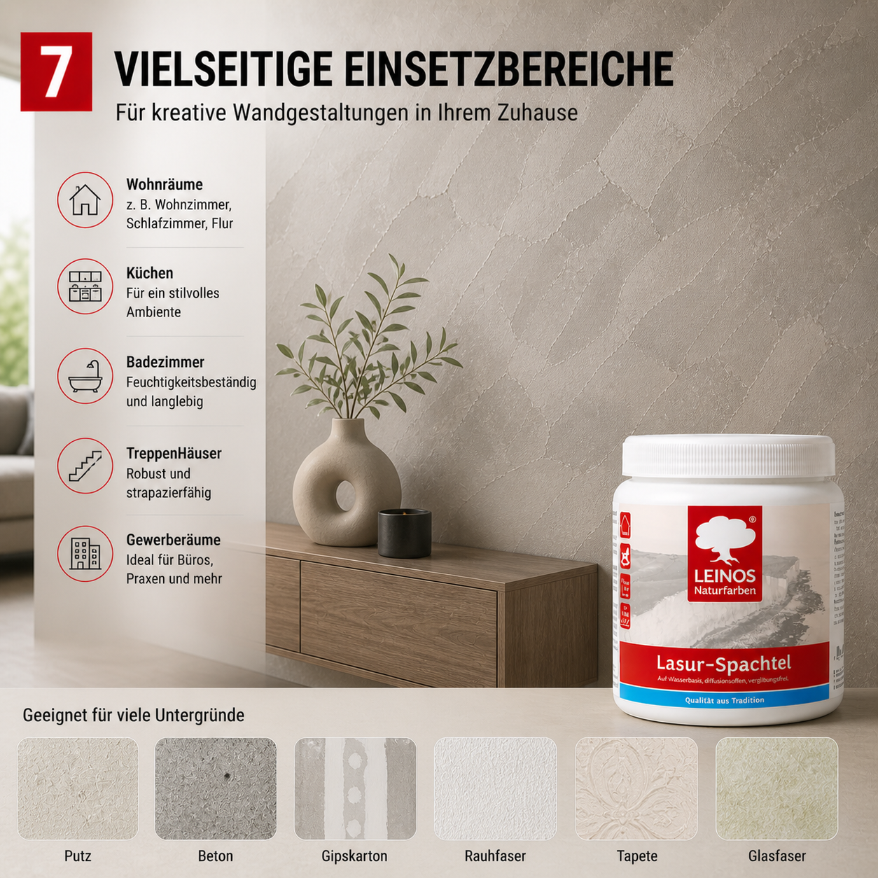 LEINOS Lasur-Spachtel 2,5L – transparente Spachtelmasse für kreative Wandgestaltung – für Innenräume – individuell einfärbbar mit Pigmenten – edle Lasurtechnik für Putz, Beton & Trockenbau