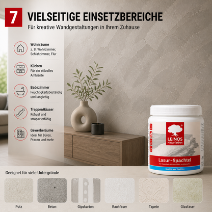 LEINOS Lasur-Spachtel 2,5L – transparente Spachtelmasse für kreative Wandgestaltung – für Innenräume – individuell einfärbbar mit Pigmenten – edle Lasurtechnik für Putz, Beton & Trockenbau