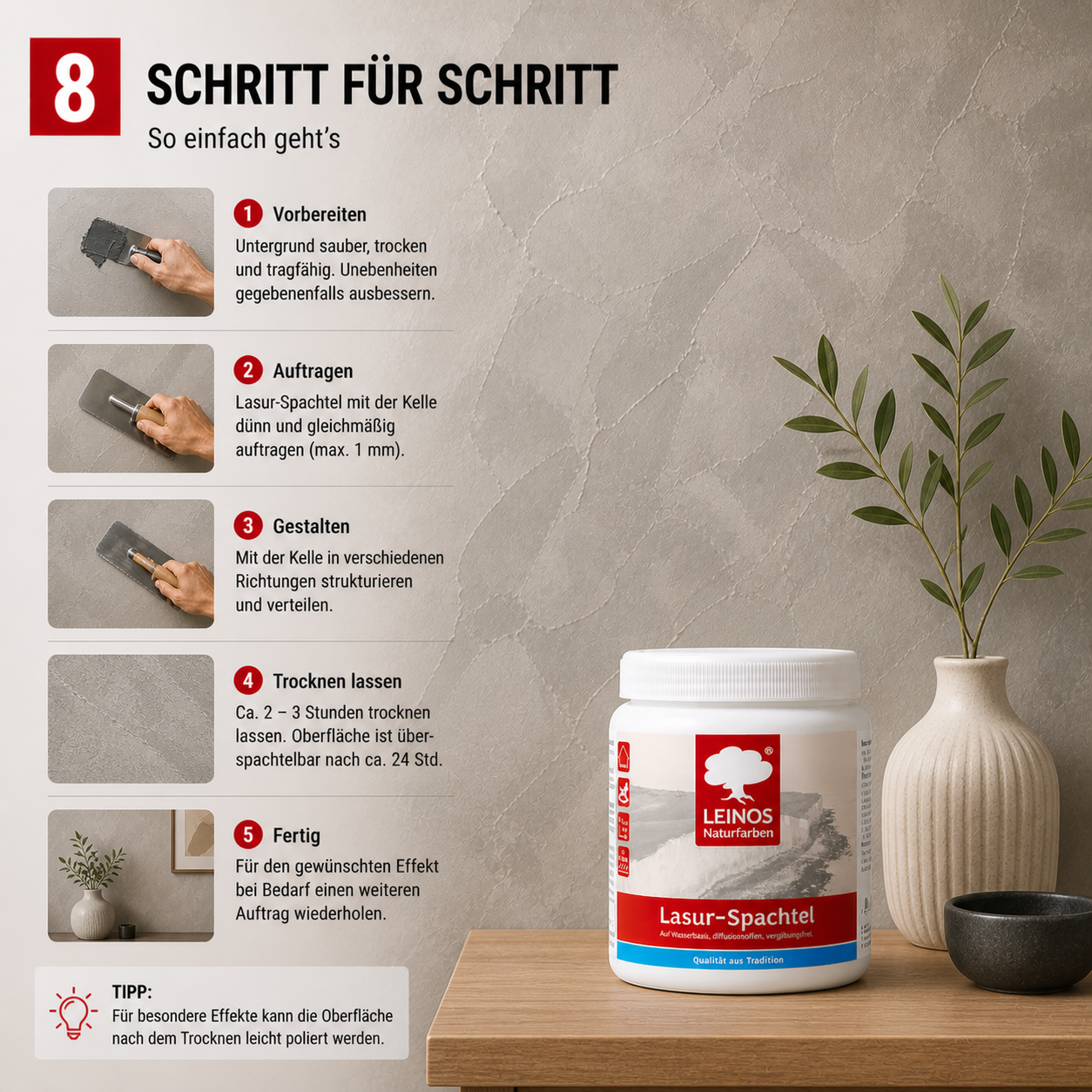 LEINOS Lasur-Spachtel 2,5L – transparente Spachtelmasse für kreative Wandgestaltung – für Innenräume – individuell einfärbbar mit Pigmenten – edle Lasurtechnik für Putz, Beton & Trockenbau