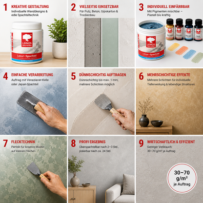 LEINOS Lasur-Spachtel 2,5L – transparente Spachtelmasse für kreative Wandgestaltung – für Innenräume – individuell einfärbbar mit Pigmenten – edle Lasurtechnik für Putz, Beton & Trockenbau