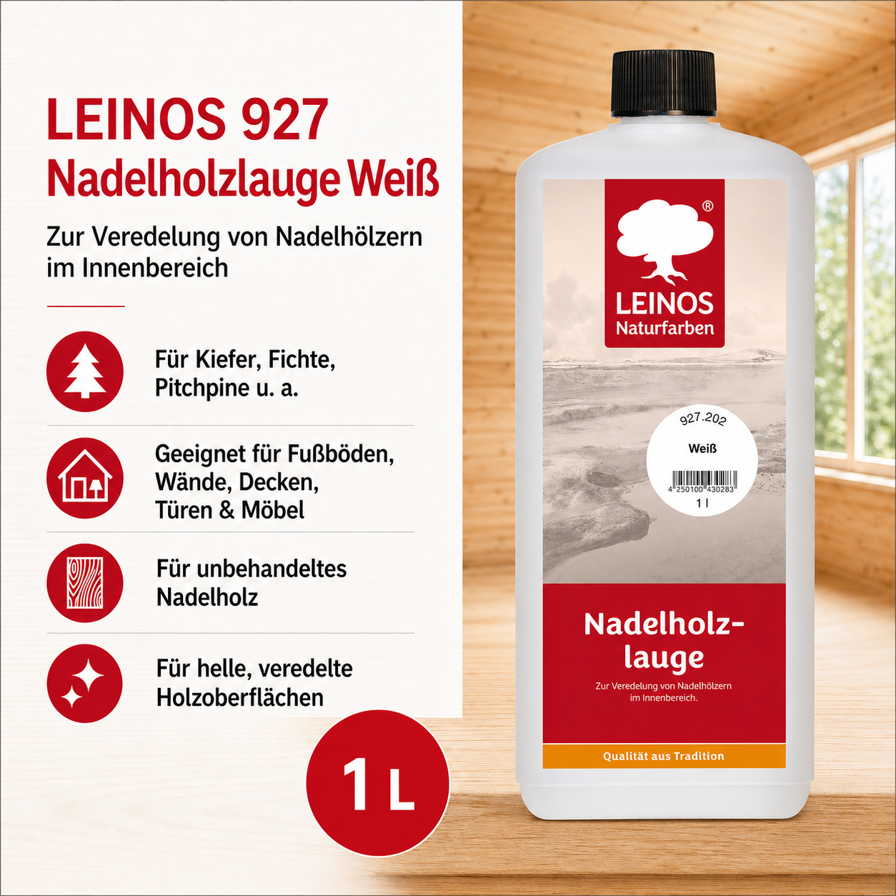 LEINOS 927 Nadelholzlauge 1,00 l weiss | Zur Veredelung von Nadelhölzern im Innenbereich |  für Fußböden, Wände, Decken, Türen, Möbel