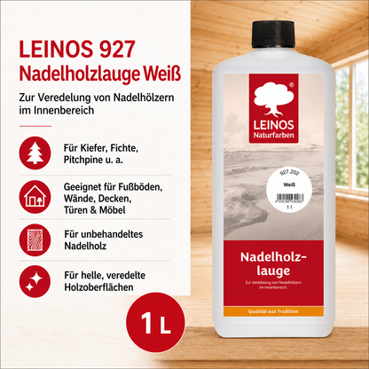 LEINOS 927 Nadelholzlauge 1,00 l weiss | Zur Veredelung von Nadelhölzern im Innenbereich |  für Fußböden, Wände, Decken, Türen, Möbel