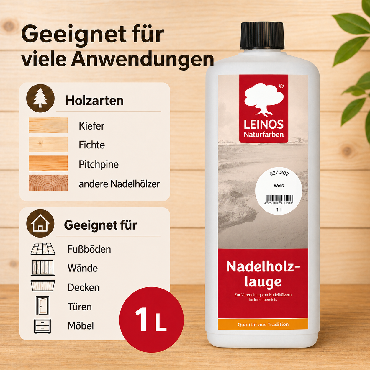LEINOS 927 Nadelholzlauge 1,00 l weiss | Zur Veredelung von Nadelhölzern im Innenbereich |  für Fußböden, Wände, Decken, Türen, Möbel