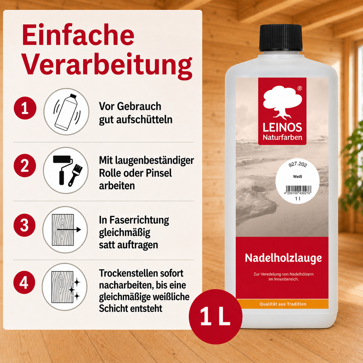 LEINOS 927 Nadelholzlauge 1,00 l weiss | Zur Veredelung von Nadelhölzern im Innenbereich |  für Fußböden, Wände, Decken, Türen, Möbel