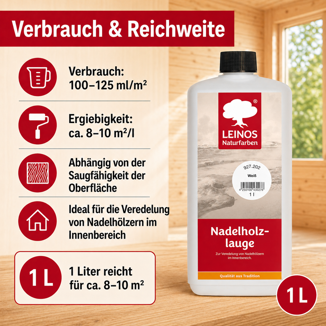 LEINOS 927 Nadelholzlauge 1,00 l weiss | Zur Veredelung von Nadelhölzern im Innenbereich |  für Fußböden, Wände, Decken, Türen, Möbel