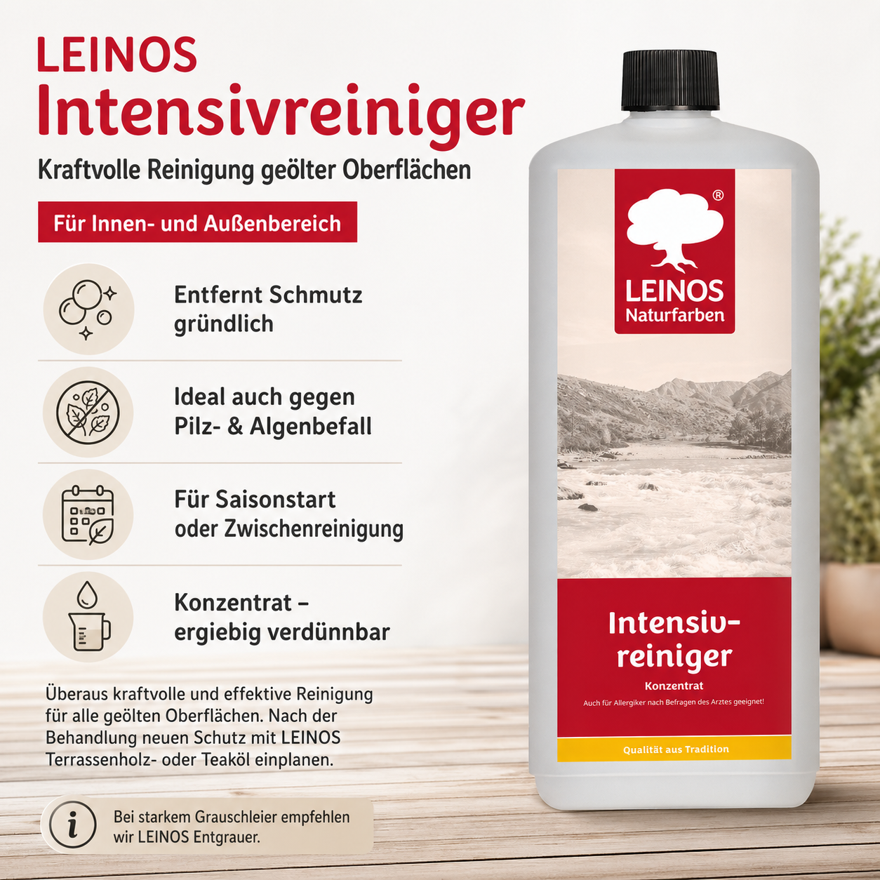LEINOS Intensivreiniger 1Liter – kraftvoller Holzreiniger für innen & außen – entfernt Schmutz, Algen & Pilze – für Terrassen, Zäune, Stein & Holz – hochkonzentriert & ergiebig