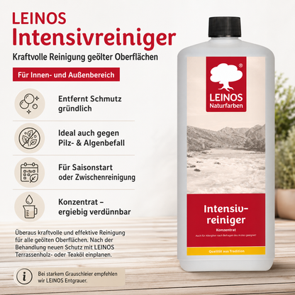 LEINOS Intensivreiniger 1Liter – kraftvoller Holzreiniger für innen & außen – entfernt Schmutz, Algen & Pilze – für Terrassen, Zäune, Stein & Holz – hochkonzentriert & ergiebig