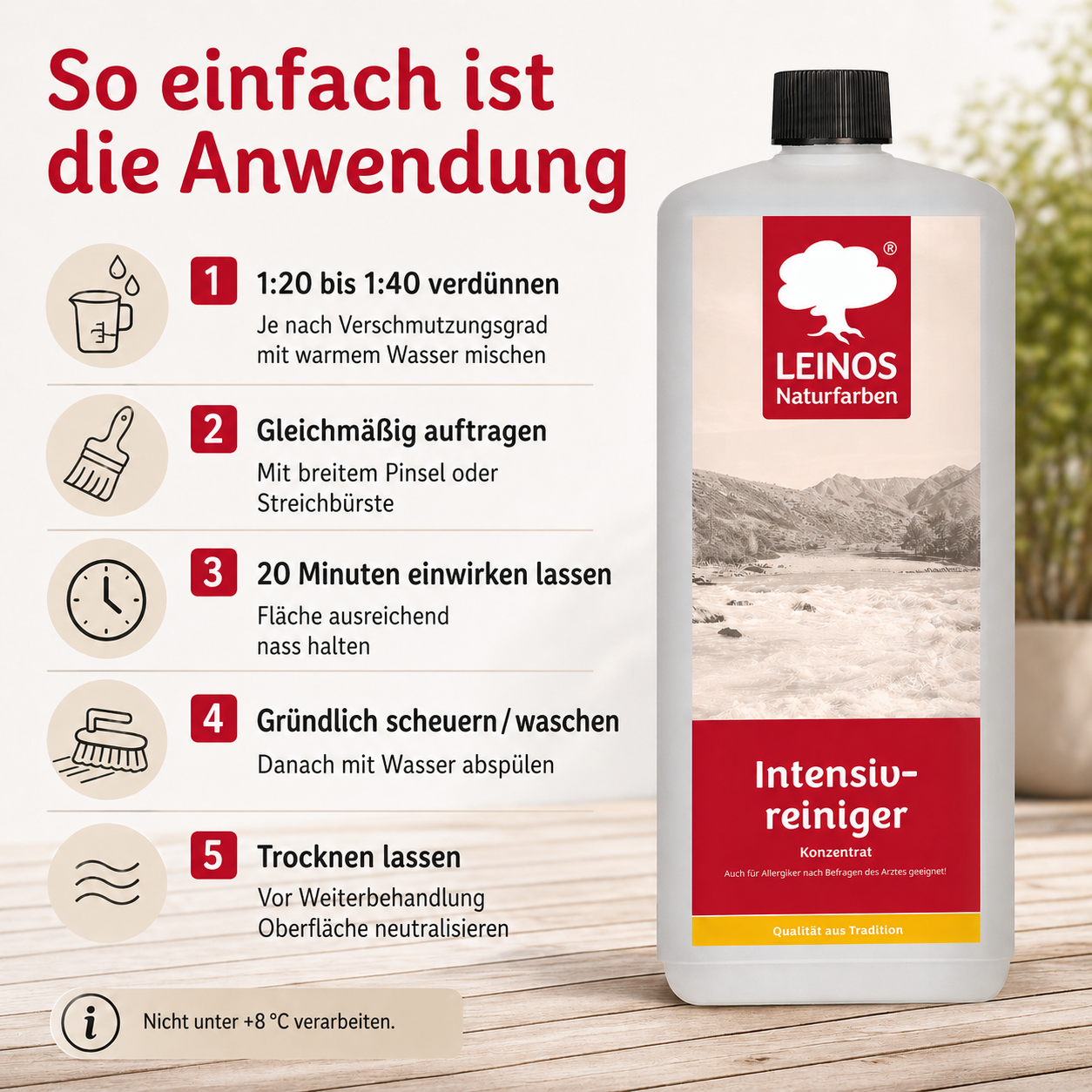 LEINOS Intensivreiniger 0,5 Liter – kraftvoller Holzreiniger für innen & außen – entfernt Schmutz, Algen & Pilze – für Terrassen, Zäune, Stein & Holz – hochkonzentriert & ergiebig