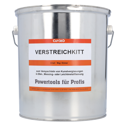 CUT360  Verstreichkitt für Verglasungen in Blei, Messing oder Leichtmetall | Farbe : Grau - überstreichbar | Inhalt : 9 kg | Inhaltstoffe : Kunstharz, vegetabile Öle und synthetische Additive | Made in Germany