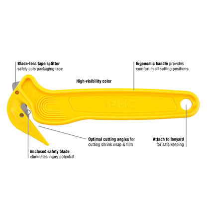 Pacific Handy Cutter® Sicherheitsmesser DFC-364, gelbes Cuttermesser mit Klebebandritzer und praktischer Öse
