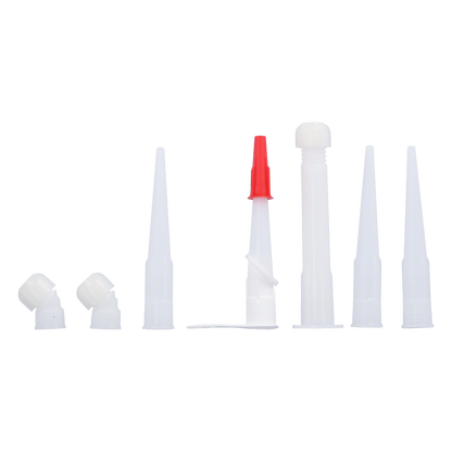 Düsenset bestehend aus 10 Teilen | 3 Abdeckkappen | 1x Düsenverlängerung | 3x kleine Standarddüsen |  2x Winkelstücke | 1x Düse mitt Drehmechanismus