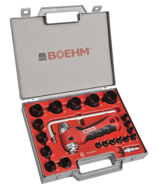 BOEHM JLB230PACC Locheisensatz 2-30mm inkl. Halter, federnder Zentrierspitze, Stange mit Zirkel & Ersatzmesser im Kunststoffkoffer