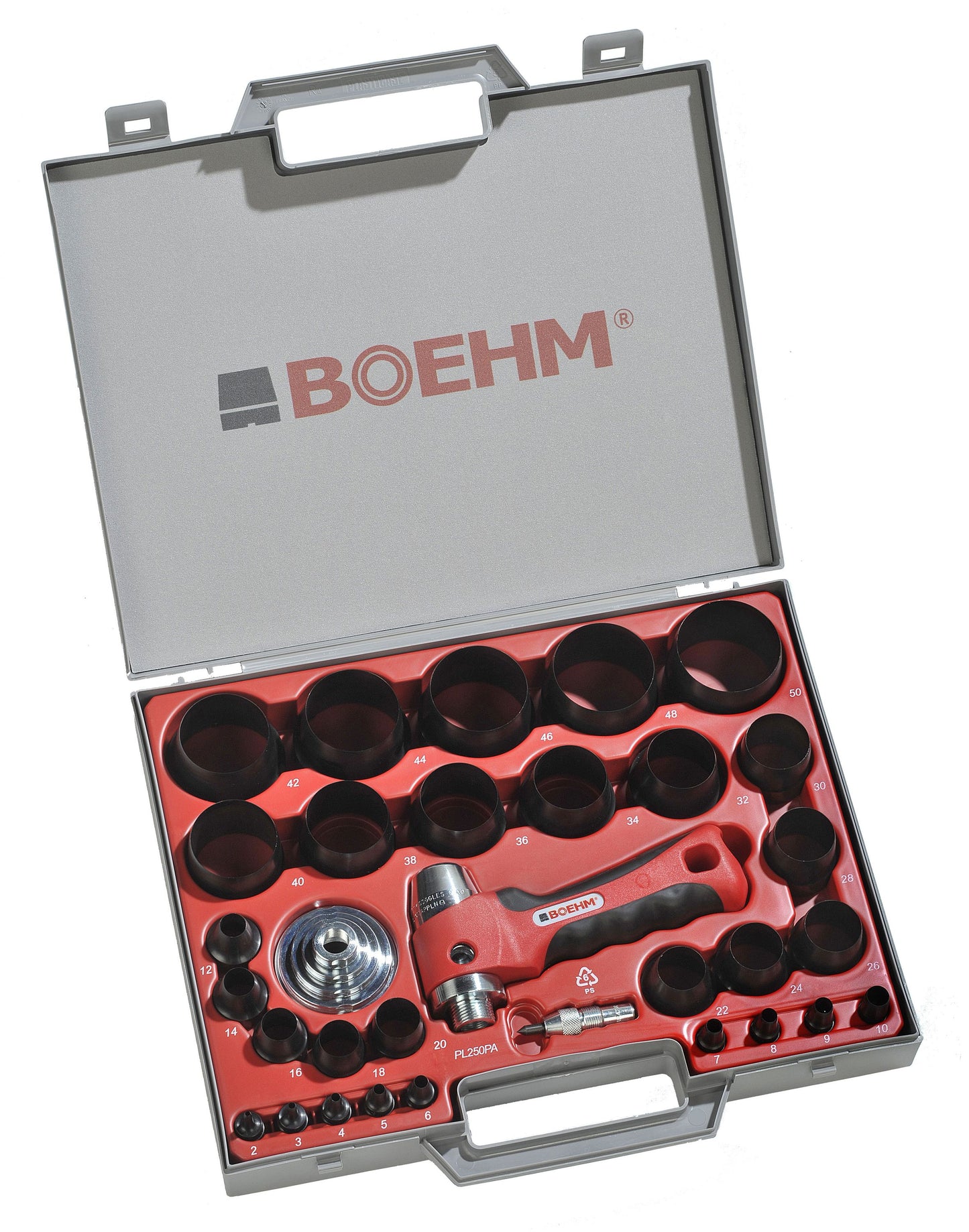 BOEHM JLB249PA Locheisensatz 2-49mm inkl. Halter, Aufnahmescheibe & federnder Zentrierspitze im Kunststoffkoffer