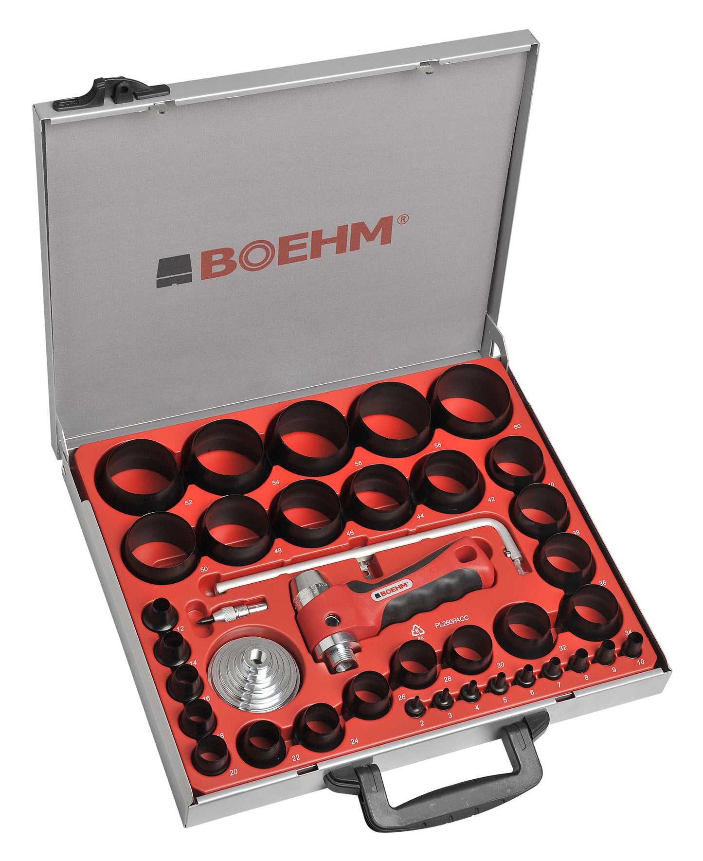 BOEHM JLB260PACC Locheisensatz 2-60mm inkl. Halter, Aufnahmescheibe, federnder Zentrierspitze, Stange mit Zirkel & Ersatzmesser im Metallkoffer