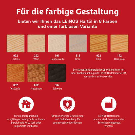 LEINOS Holzöl 10 l | Hartöl Nussbaum für Tische Möbel Arbeitsplatten | Teak Eiche Möbelöl für effektive Versiegelung und langanhaltenden Schutz im Innenbereich