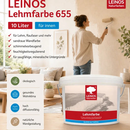 LEINOS Lehmfarbe 655 – 10L | Lösemittelfreie Naturfarbe für Lehm, Putz, OSB & Raufaser | Matt, atmungsaktiv & feuchtigkeitsregulierend | Schimmelvorbeugend | Innenbereich