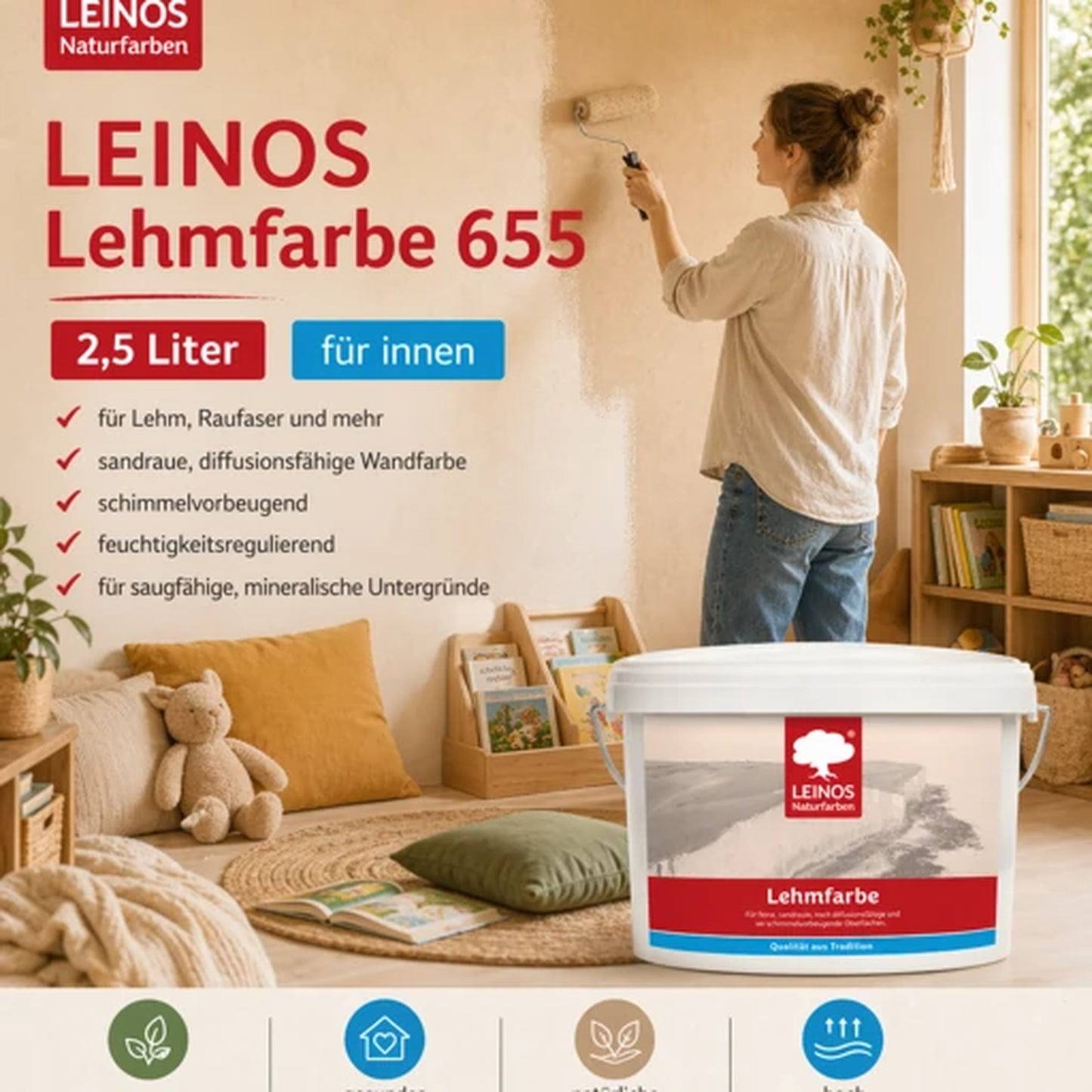 LEINOS Lehmfarbe 655 – 2,5 L | Lösemittelfreie Naturfarbe für Lehm, Putz, OSB & Raufaser | Matt, atmungsaktiv & feuchtigkeitsregulierend | Schimmelvorbeugend | Innenbereich