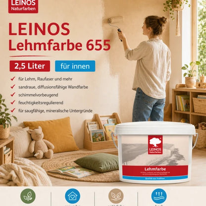 LEINOS Lehmfarbe 655 – 2,5 L | Lösemittelfreie Naturfarbe für Lehm, Putz, OSB & Raufaser | Matt, atmungsaktiv & feuchtigkeitsregulierend | Schimmelvorbeugend | Innenbereich