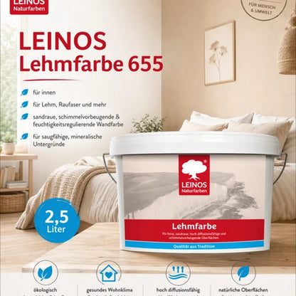 LEINOS Lehmfarbe 655 – 2,5 L | Lösemittelfreie Naturfarbe für Lehm, Putz, OSB & Raufaser | Matt, atmungsaktiv & feuchtigkeitsregulierend | Schimmelvorbeugend | Innenbereich