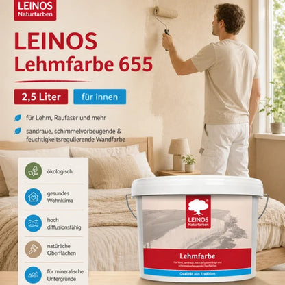 LEINOS Lehmfarbe 655 – 2,5 L | Lösemittelfreie Naturfarbe für Lehm, Putz, OSB & Raufaser | Matt, atmungsaktiv & feuchtigkeitsregulierend | Schimmelvorbeugend | Innenbereich
