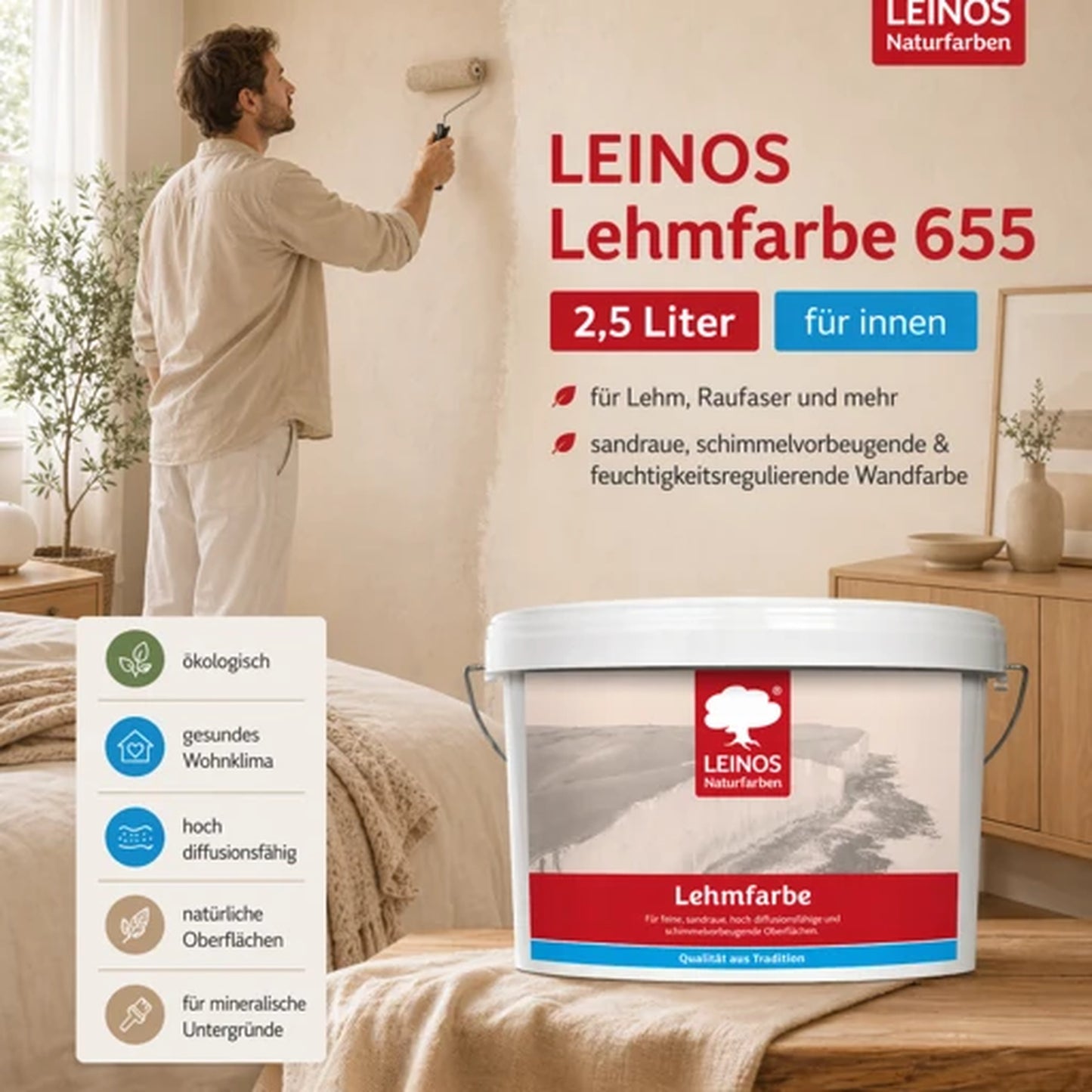 LEINOS Lehmfarbe 655 – 2,5 L | Lösemittelfreie Naturfarbe für Lehm, Putz, OSB & Raufaser | Matt, atmungsaktiv & feuchtigkeitsregulierend | Schimmelvorbeugend | Innenbereich