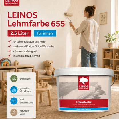 LEINOS Lehmfarbe 655 – 2,5 L | Lösemittelfreie Naturfarbe für Lehm, Putz, OSB & Raufaser | Matt, atmungsaktiv & feuchtigkeitsregulierend | Schimmelvorbeugend | Innenbereich