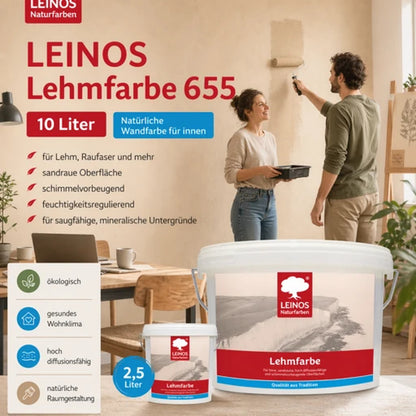 LEINOS Lehmfarbe 655 – 10L | Lösemittelfreie Naturfarbe für Lehm, Putz, OSB & Raufaser | Matt, atmungsaktiv & feuchtigkeitsregulierend | Schimmelvorbeugend | Innenbereich