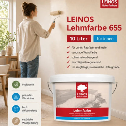 LEINOS Lehmfarbe 655 – 10L | Lösemittelfreie Naturfarbe für Lehm, Putz, OSB & Raufaser | Matt, atmungsaktiv & feuchtigkeitsregulierend | Schimmelvorbeugend | Innenbereich