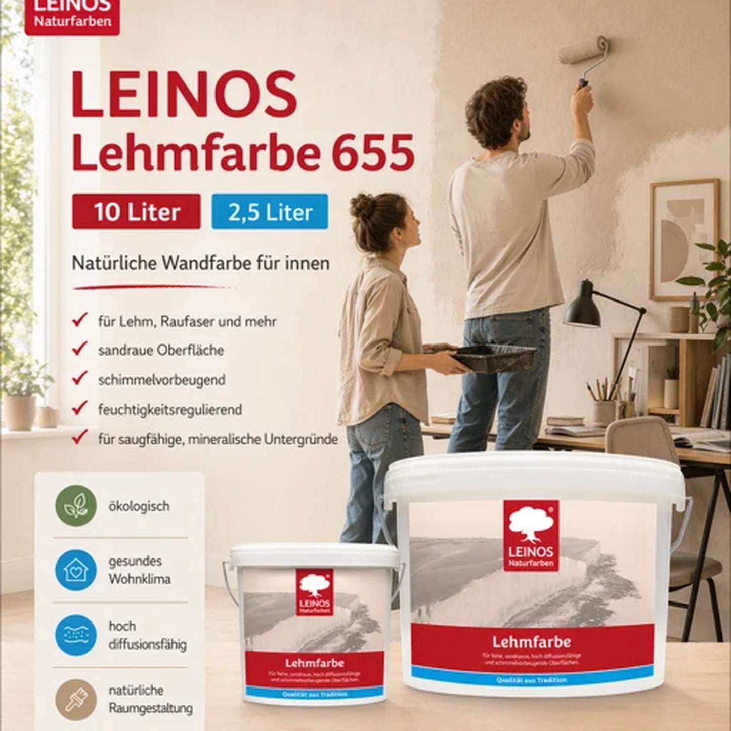 LEINOS Lehmfarbe 655 – 10L | Lösemittelfreie Naturfarbe für Lehm, Putz, OSB & Raufaser | Matt, atmungsaktiv & feuchtigkeitsregulierend | Schimmelvorbeugend | Innenbereich