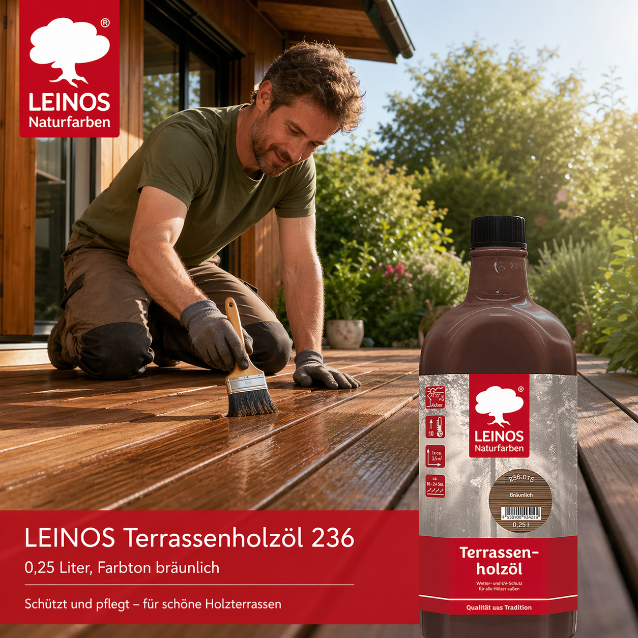 Leinos Terrassenholzöl 0,25l – bräunlich Premium Holzschutzöl für außen, ideal für Lärche, Eiche, Akazie & Teak – Teaköl & Lärchenöl für Terrassen, Zäune, Gartenmöbel, Kinderspielgeräte & mehr
