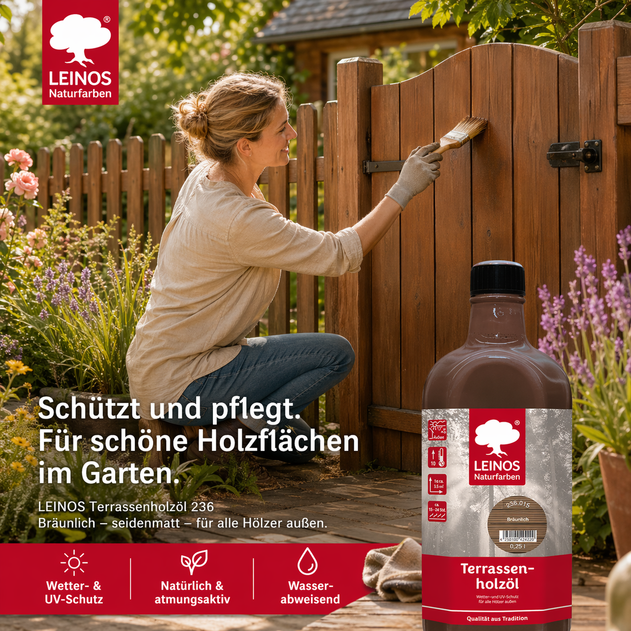 Leinos Terrassenholzöl 0,25l – bräunlich Premium Holzschutzöl für außen, ideal für Lärche, Eiche, Akazie & Teak – Teaköl & Lärchenöl für Terrassen, Zäune, Gartenmöbel, Kinderspielgeräte & mehr