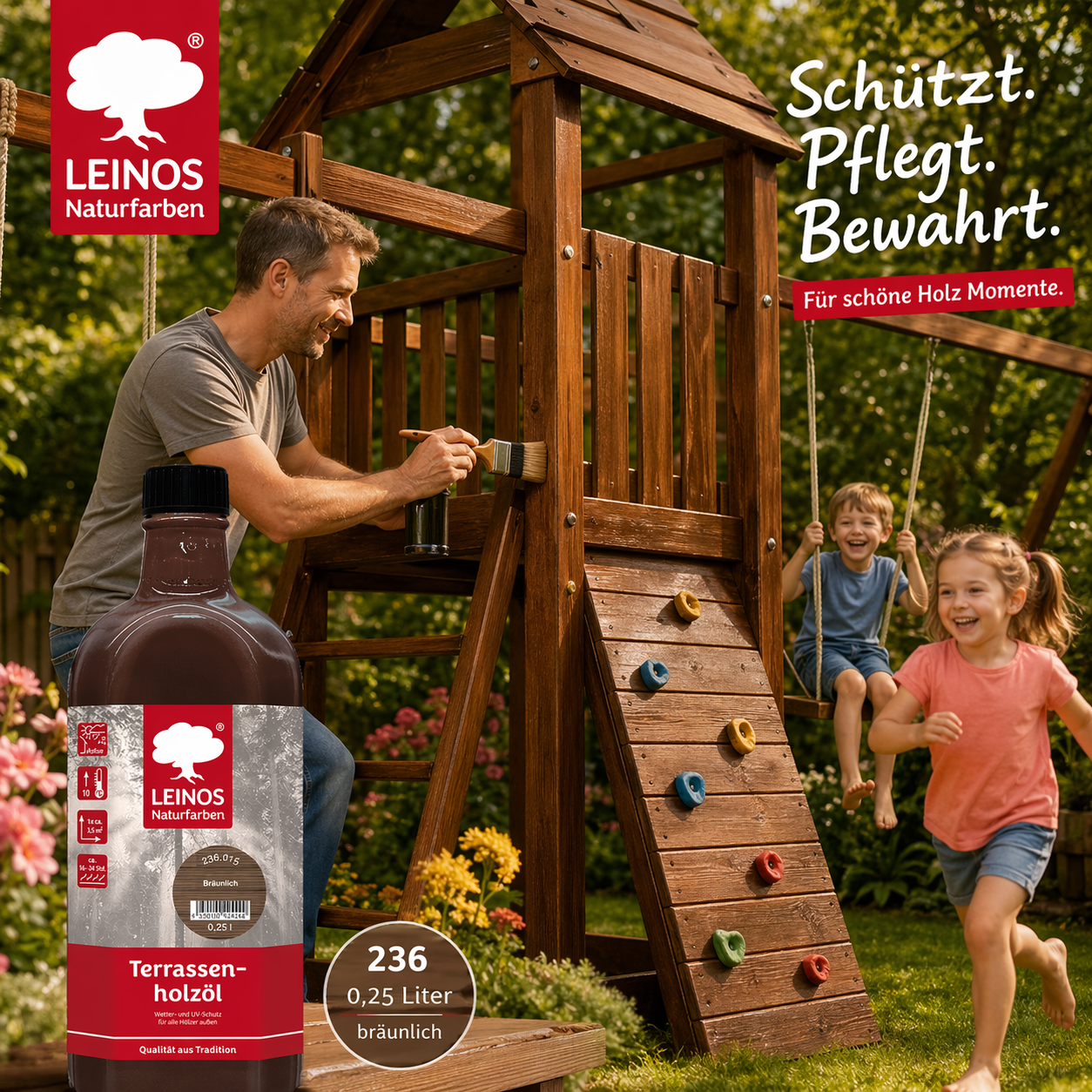 Leinos Terrassenholzöl 0,25l – bräunlich Premium Holzschutzöl für außen, ideal für Lärche, Eiche, Akazie & Teak – Teaköl & Lärchenöl für Terrassen, Zäune, Gartenmöbel, Kinderspielgeräte & mehr