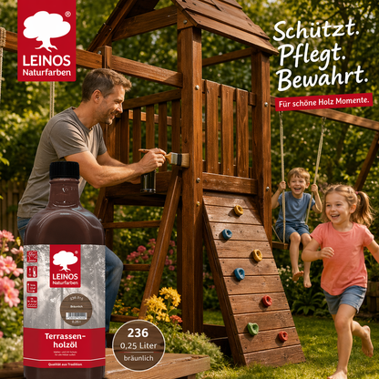 Leinos Terrassenholzöl 0,25l – bräunlich Premium Holzschutzöl für außen, ideal für Lärche, Eiche, Akazie & Teak – Teaköl & Lärchenöl für Terrassen, Zäune, Gartenmöbel, Kinderspielgeräte & mehr