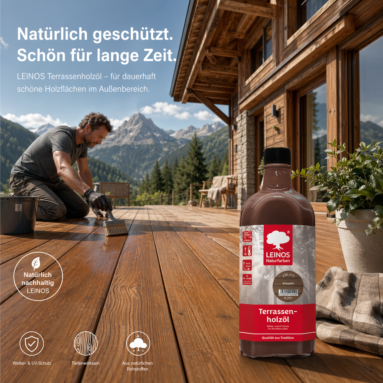 Leinos Terrassenholzöl 0,25l – bräunlich Premium Holzschutzöl für außen, ideal für Lärche, Eiche, Akazie & Teak – Teaköl & Lärchenöl für Terrassen, Zäune, Gartenmöbel, Kinderspielgeräte & mehr